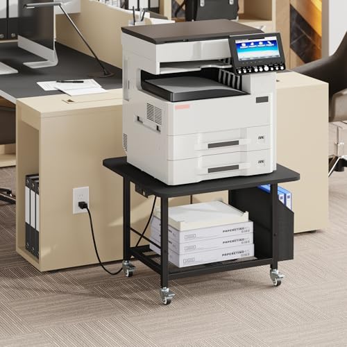 YAOHUOO 23.6"×23.6" Large Printer Stand with Power Outlet, Printer Table with Storage Side Pocket, Heavy Duty Rolling Cart for Home Office 3D Printer/Laser/Heat Press Table, Black