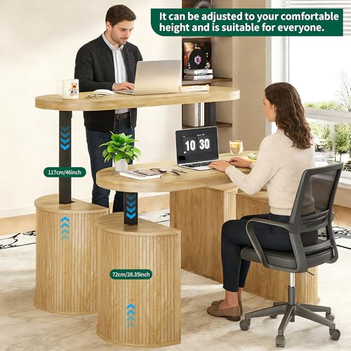 Xyulmeo Mid Century Modern Electric Standing Desk with Storage, 55 x 22 Inch Small Sit Stand Up Desk, Wood Adjustable Height Computer Executive Desk for Home Office, Laptop, Oak