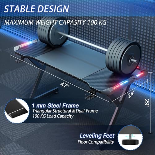 HLDIRECT 47 Inch Gaming Desk with LED Lights, Ergonomic Computer Gaming Table with Carbon Fibre Surface, Sturdy PC Workstation Desk for Home Office with Headphone Hook, Cup Holder, Black