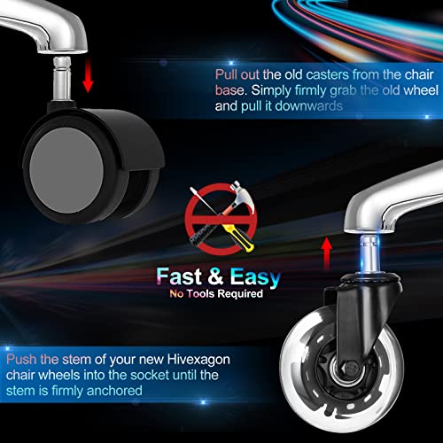 Hivexagon Office Chair Caster Set of 5 Rubber Replacement, Heavy Duty Universal Quiet Rolling Casters Fit Standard Office Chair for Hardwood Floors, Tiles and Carpet