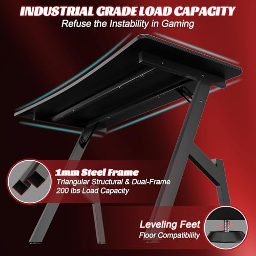 HLDIRECT 47 Inch Gaming Desk, Large Computer Gaming Desk Table with Cable Management, Ergonomic Carbon Fiber Gamer Table Pc Work Home Office Desks with Cup Holder & Headphone Hook & Mouse Pad, Black