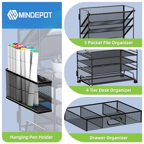 MINDEPOT 4-Tier Paper Organizer + 3-Pocket File Holder + Drawer + Pen Holders, Desktop File Organizers Paper Tray for Office Accessories School Classroom Organization (Black)