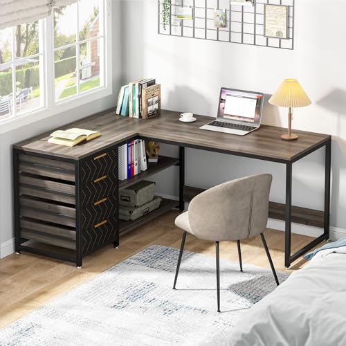 Tribesigns L Shaped Computer Desk with Storage Drawers, 59 inch Corner Desk with Shelves, Reversible L-Shaped Office Desk Writing Table Workstation for Home Office, Grey