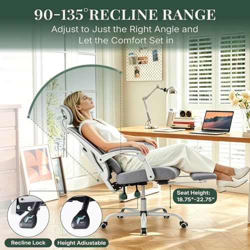 HAPPYMONT Ergonomic Office Chair with Footrest, High Back Home Desk Chair with Lumbar Support & Headrest, 90-135° Reclining Mesh Back Computer Chair with Wheels for Work, Gaming, Grey