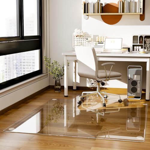 GLSLAND Irregular Tempered Glass Floor Mat - 45" x 53" Office Chair Mat for Carpet Clear Duty Hard Rolling Glass Mat 1/5" Thick for Hardwood Floor/Carpeted Floors, Clear
