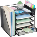 Gugsey Desk Organizers and Accessories, 5-Tier Paper Letter Tray Organizer with File Holder, Drawer & Pen Holder, Office Desk Accessories, Desktop Organizer for Classroom Office Supplies, Black