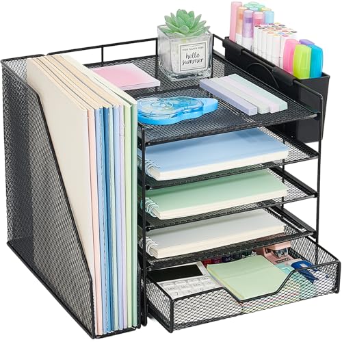 Gugsey Desk Organizers and Accessories, 5-Tier Paper Letter Tray Organizer with File Holder, Drawer & Pen Holder, Office Desk Accessories, Desktop Organizer for Classroom Office Supplies, Black