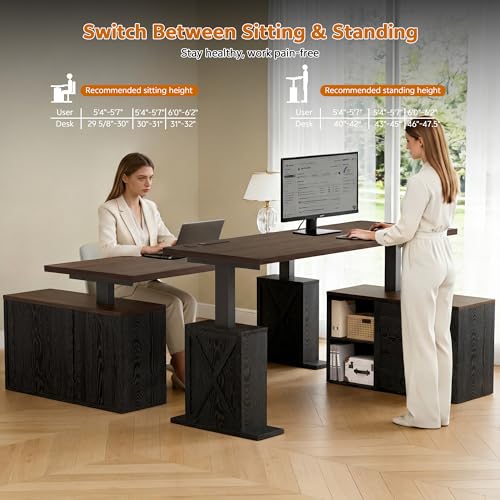 Homiflex 67" L Shaped Standing Desk with Drawers, Electric Height Adjustable Corner Desk, Sit Stand Office Desk with 4 AC Outlets & Type C Port, Executive Computer Desk with Cabinet, Brown & Black