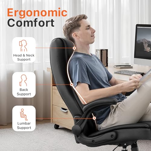 NEO CHAIR Office Desk Gaming Computer Home Chair Ergonomic Executive High Back Support Flip-up Arms Adjustable Height Swivel Rolling Wheels Comfy PU Leather (Black)