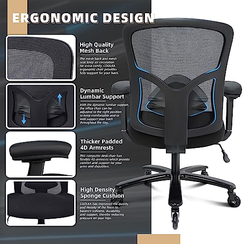 Coolka 500LBS Big and Tall Office Chair with 4D Armrests & Adjustable Backrest, Heavy Duty Office Chair for Heavy People, Memory Foam Seat Filling Springs, Black