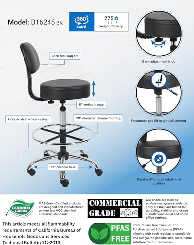 Boss Office Products Be Well Medical Spa Drafting Stool with Back, Black