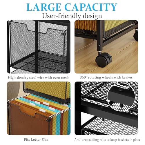 Sbanmao Rolling File Cart with 2 Storage Drawers, Mobile File Cabinet with Wheels, Hanging File Folder Organizer, Under Desk Storage, Printer Stand Utility Cart Filing Cabinet for Home Office,Black