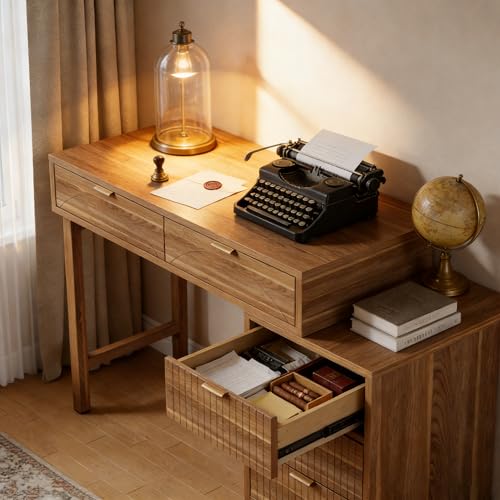 Tribesigns Computer Desk with 5 Drawers, Reversible Small Writing Desk with Storage, Modern Wooden Study Corner Table Workstation for Home Office, Small Spaces, Walnut Brown