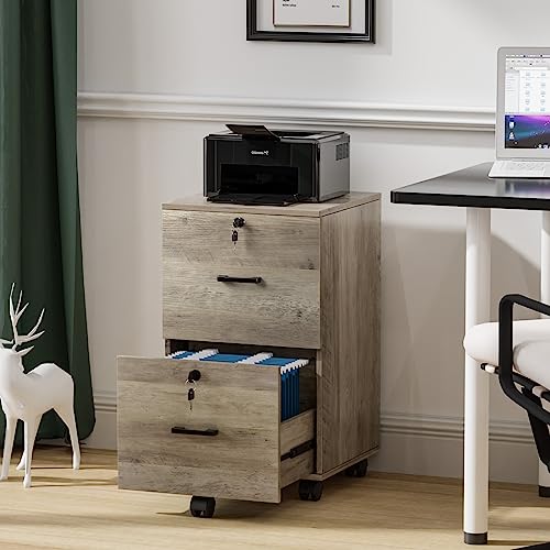 VINGLI 2 Drawer File Cabinet with Lock, Wood Rustic Gray Filing Cabinet for Letter Size File Folders with Tabs, Under Desk Rolling File Cabinets for Home Office, Mobile File Organization Printer Stand