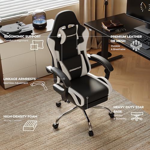 Dowinx Gaming Chair with Footrest, 330lbs Computer Chair 2D Lift Linkage Armrest, Massage Lumbar, Height Adjustable Ergonomic Comfy Video Game Chairs for Home Office Streaming, Long Gaming, White