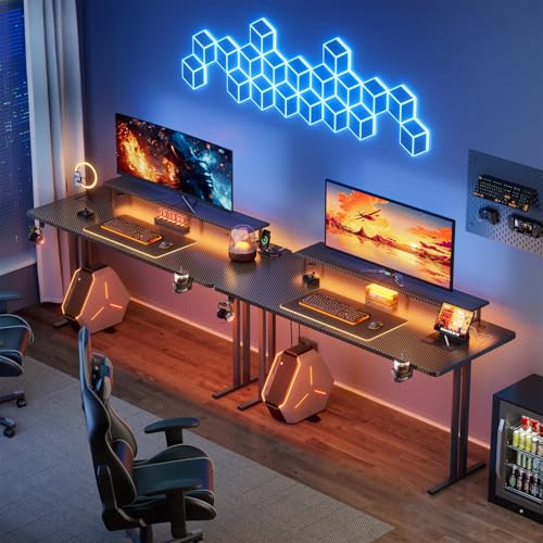 HLDIRECT 47 Inch Gaming Desk with 5 Sockets & LED Lights, Computer Gamer Desk with Monitor Stand, Ergonomic Carbon Fiber Gaming Table Home Office Desk with Cup Holder, Headphone Hook & Mouse Pad