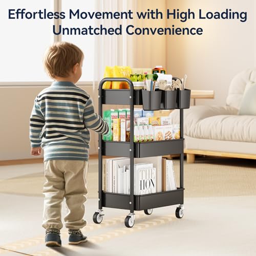 YASONIC 3 Tier Rolling Cart - Metal Utility Cart with Wheels, Hanging Cups, Hooks, Heavy Duty Mesh Rolling Storage Cart Organizer, Craft Cart for Kitchen Office, Lightweight and Sturdy