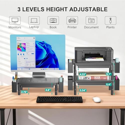 WALI Bundles- Computer Monitor Stand with Storage and Desk File Organizer, 4 Tier Desktop Paper Letter Tray Organizer with Drawer and 2 Pen Holders (PTT003-B+DO005DH-B)