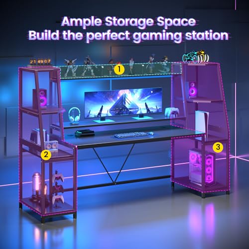 SEDETA Gaming Desk 78.8'' with LED Lights, Hutch and Storage Shelves, Computer Desk with Monitor Stand, Large PC Gamer Desk Workstation, Ergonomic Gaming Table for Bedroom, Living Room, Black