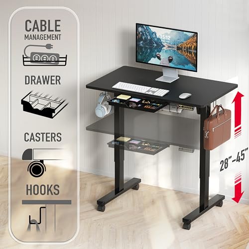 SHW 40-Inch Mobile Electric Height Adjustable Sit to Stand Desk with Drawer, Hanging Hooks and Cable Management, Black