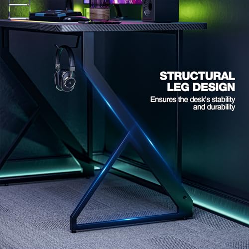 Grandder Gaming Desk Z Shaped 40 Inch Gamer Workstation, Home Computer Carbon Fiber Surface Gaming Desk PC Table with Headphone Hook, Carbon Fiber Black