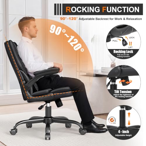 Ergonomic Office Chair with Flip-up Armrests, 300lbs Mid Back Computer Office Desk Chair with Lumbar Support, Executive Leather Chair with Rocking Function Adjustable Height for Home Office