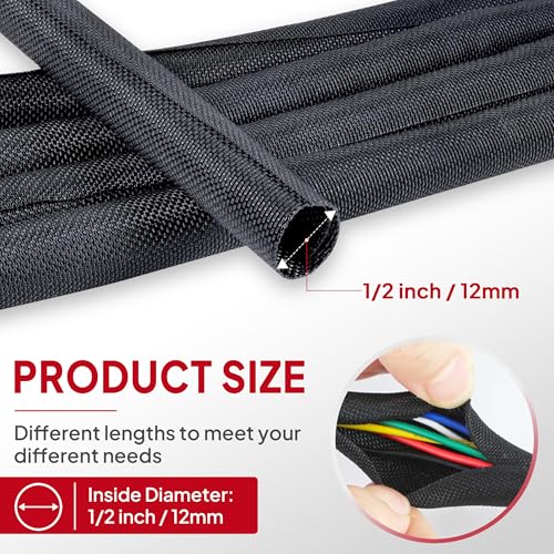 Black Braided Cable Management Sleeves Wire Loom Tubing Cord Protector Self-Wrapping (1/2"-30Feet)