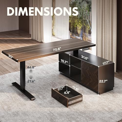 FLEXISPOT 71" L Shaped Standing Desk with Storage & CPU Holder, Dual Motor Height Adjustable Executive Desk, 222 LBS Capacity, 1" Thick Desktop for Home Office, Black Walnut, 3 Packages
