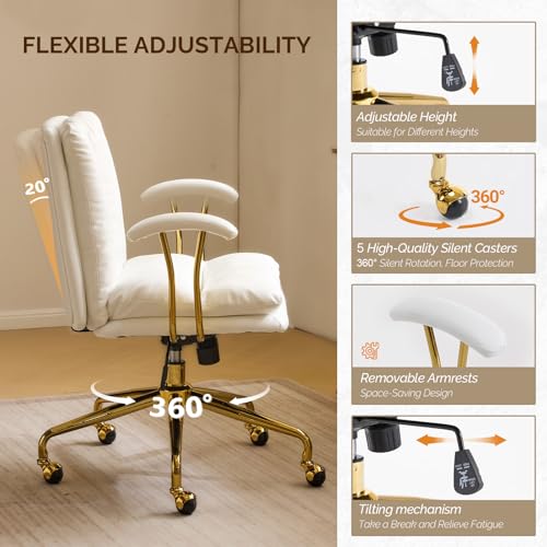 VINGLI Home Office Desk Chair Comfy with Wheels & Removable Armrests,Gold Base Vanity Chair with Back, Adjustable Rolling Swivel Computer Task Chair for Study,Makeup,Office,Bedroom,PU Leather,White