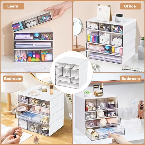 FODIENS Desk Storage Organizer with 9 Drawers, 4 Tiers Stackable Desktop Craft Storage Drawers, Clear Storage Box Caddy for Stationary Makeup Jewelry Office Craft Supplies (White)