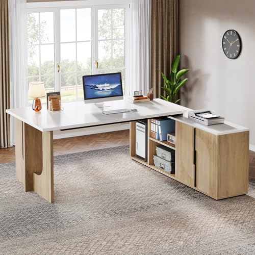 Tribesigns 74.8 Inch Executive Desk, Large Office Desk with Cabinet, L Shaped Computer Desk with Shelves and CPU Storage, Modern Home Office Desks Business Furniture Workstation Set, White and Wood