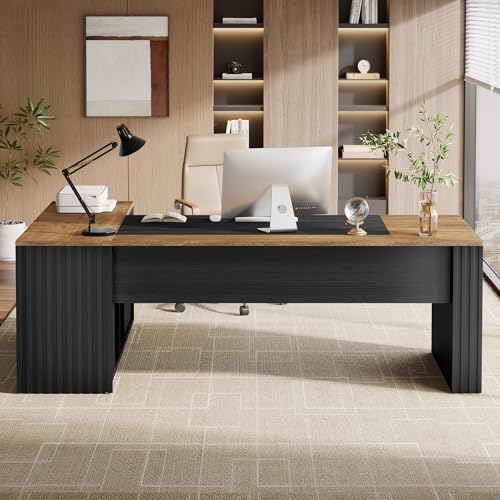 Tribesigns 78" L Shaped Executive Desk with Drawers, Large Office Computer Desk with Cabinet and Storage Shelves, Modern Business Furniture Sets Workstation for Home Office (Brown&Black)