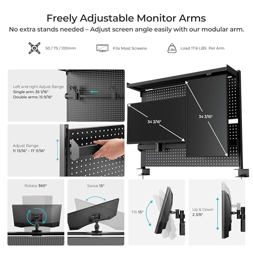 EUREKA ERGONOMIC Metal Pegboard, 43x34inch Clam on Desk Pegboard with Dual Monitor Stand, Garage Pegboard with 4 Accessories, Desk Shelves for Tool organizer, Office, Gaming Desk, Workbench, Black