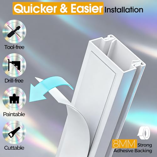 212.6in Cord Hider Wall, Cord Covers for 2-3 Wires on Wall, Paintable Cable Hider Raceway, Easier Set-up Wire Hider Wire Covers for Cords on Wall, Self-Adhesive Cable Cover, W0.95 H0.55in, White