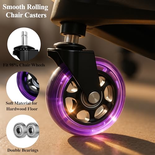 3” Office Chair Wheels Set of 5, 11x22mm Heavy Duty Chair Casters for Hardwood Floor, Smooth Rolling Rubber Caster Wheels Replacement Fits 98% Gaming Chair, Purple
