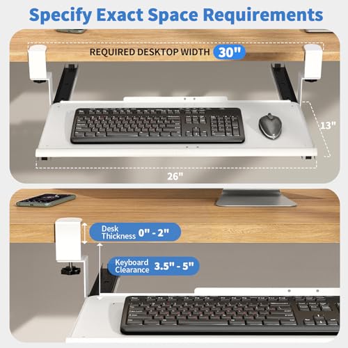 Strifuture Keyboard Tray Under Desk - Full Metal Slide Out Holder, Rust-Resistant & Scratch-Proof, Double C-Clamps, 26x13" Tray for L Shape/Regular Desks, Standing/Sitting Workstation(White-B)