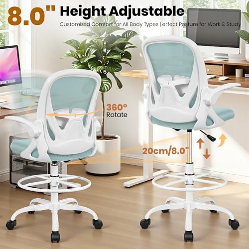 Primy Drafting Chair Tall Office Chair with Flip-up Armrests Executive Ergonomic Computer Standing Desk Chair with Lumbar Support and Adjustable Footrest Ring（Light Blue）