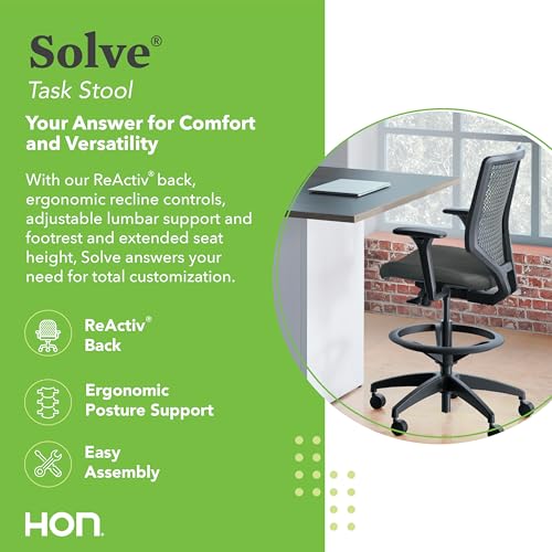 HON Solve Standing Desk Chair with Breathable ReActiv Mesh Back, Adjustable Lumbar Support and Footring, Ergonomic Task Stool with Height Adjustable Arms for Sit‑Stand Workstations, Black