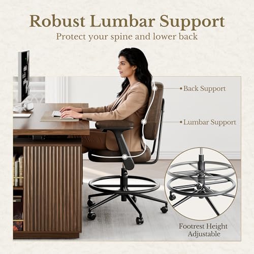 Perledesign Drafting Executive Chair, Tall Office Chair with Padded Flip-Up Armrests, Mid-Back Cushioned Seat, 360° Swivel Rolling Computer Desk Chair for Standing Desk & Home Office, Vintage Brown