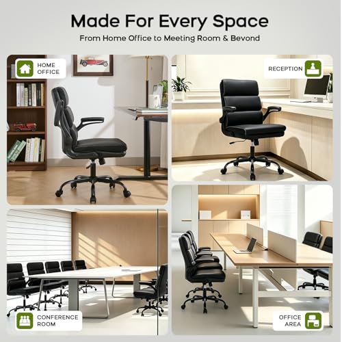 Office Chair Adjustable Desk Chair Mid Back Executive Comfortable Bonded Leather Ergonomic Back Support Home Computer Chair with Padded Flip-up Armrest Swivel Wheels (Black)