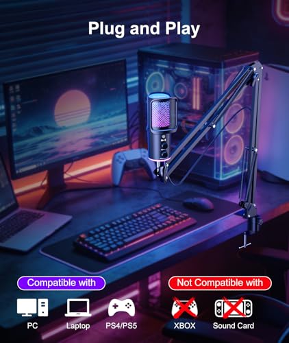 Gaming USB Microphone, Noise Cancellation Condenser Mic with Mute,Boom Arm Mic-Reverb Adjustment, Monitoring for Streaming, Podcasting, Discord, YouTube,PC, Computer, PS4, PS5, Mac