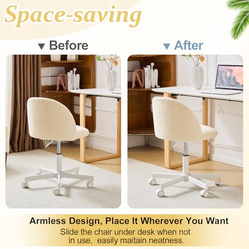 VINGLI Candy Chair Armless Cute Desk Chair,Comfy Small Office Chair with Wheels,Vanity Chair Lumbar Support,Teddy Adjustable Rolling Swivel Computer Task Chair for Home Office,Bedroom,Creamy Beige