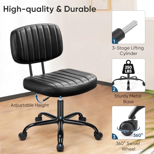 DUMOS Small Armless Home Desk Chair with Low Back Lumbar Support, Height Adjustable PU Leather Computer Task Chair with 360° Swivel Wheels, for Small Space, Adults, New Black