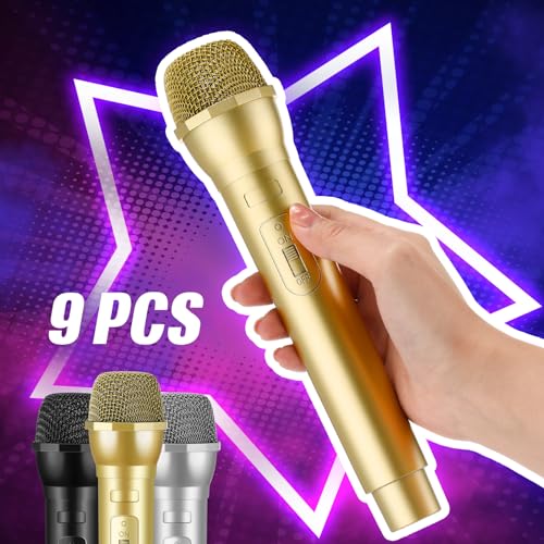 Sanwuta 9 Pcs Fake Microphone, Prop Microphone Bulk, Plastic Realistic Prop Mic, Pretend Fun Stage Mics Toy for Birthday Weddings Karaoke Stage Costume Cosplay Party Favor(Golden, Silver, Black)