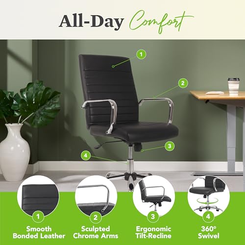 HON Sadie Executive Ergonomic Office Chair with Leather Upholstery, Chrome Arms and Back Support, Mid Back Desk and Computer Chair for Home Office or Conference Room, 360 Swivel, Black