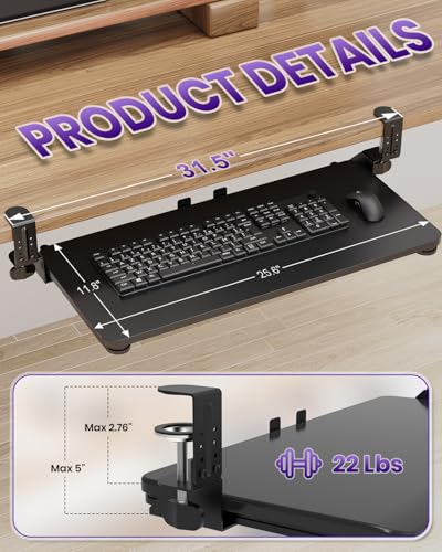 Zontera Ergonomic Keyboard Tray Under Desk, Pull Out with Adjustable C-clamp, 25.6 (31.5 Including Clamps) x 11.8 Inch Slide Out Computer Keyboard Drawer Mouse Tray for Typing, Large & Black