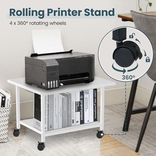 SwaaVee Printer Stand, 2-Tier Under Desk Printer Stand, Printer Cart with Wheels for Home, Office, Heavy-Duty Storage Shelf, White
