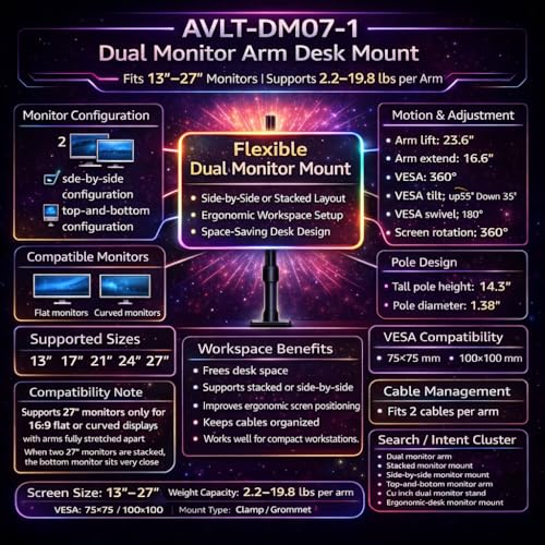 AVLT Dual 13 to 27 in Stacked Monitor Arm Desk Mount, Fits Two Flat or Curved Screens, Full Motion Height Adjustable Swivel Tilt Rotation, VESA C-Clamp Grommet Cable Management