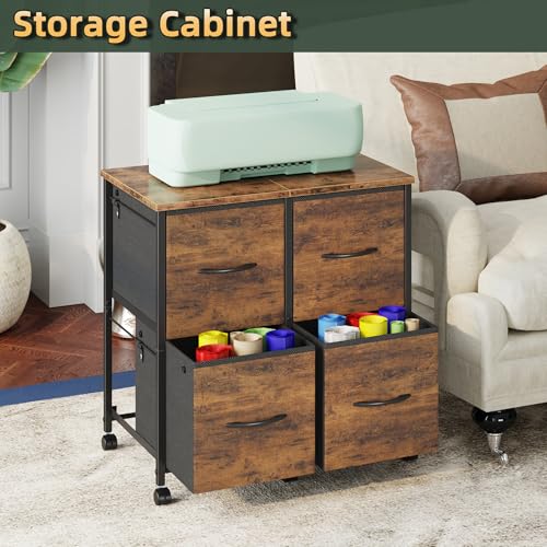HIGDBFE 4 Drawer Lateral File Cabinet, Mobile Filing Cabinet for Large Printer, Home Office Functional Office Storage Cabinet & Printer Stand, Fits Letter/A4, Fabric Drawer, Rustic Brown
