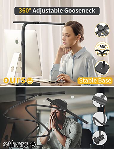 AKRRYR LED Desk Lamp for Home Office, Double Head 24W with Base, Architect Light 5 Lighting Brightness Flexible Gooseneck Table Reading Study, Black